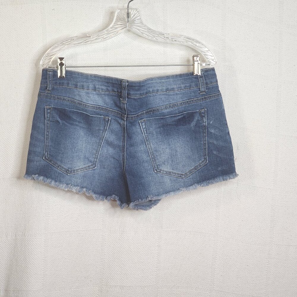 Rue21 Medium Wash Sunshine Cut Out Cotton Poly Viscose Span Cut Off Shorts Sz 12 - Picture 9 of 16